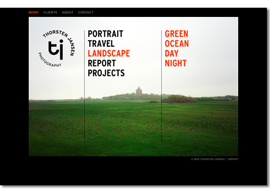 Die Navigation des Work-Bereichs der Website. Jedes Kapitel hat ein eigenes Hintergrundbild, das auf die Themen in diesem Bereich einstimmt.